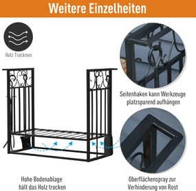 Stojak na drewno kominkowe HOMCOM z akcesoriami, regał na drewno, podstawka na drewno kominkowe, narzędzia kominkowe, Stal Czarny 75 x 30 x 60 cm