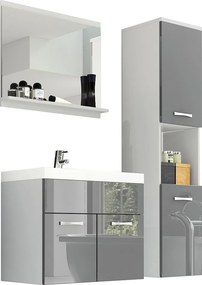 Zestaw mebli łazienkowych, komplet wiszący z umywalką, lustrem i słupkiem, korpus biały fronty szary połysk