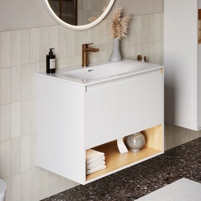 Szafka podumywalkowa BELDIVO 80 cm z umywalką ceramiczną DuravitOtwarta półka z oświetleniem LED - Z wewnętrzną szufladą