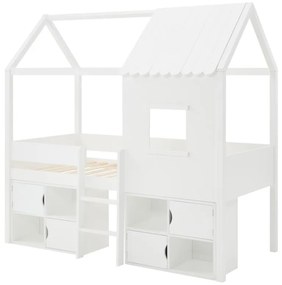 Łóżko podwyższone domek 90 x 190 cm - Drewno sosnowe i MDF + Materac - Biały – VALESKIA