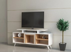 Nowoczesny stolik pod telewizor – 120 cm – Biały i tekowy – 100% pokryty melaminą