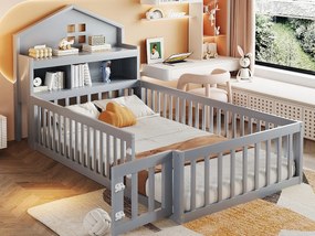 Łóżko dziecięce 90x200 cm - z barierkami zabezpieczającymi - z półkami - z drzwiczkami - szare (materac nie jest w zestawie)