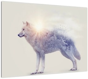 Obraz na szkle - Wilk arktyczny odzwierciedla dziki krajobraz (70x50 cm)