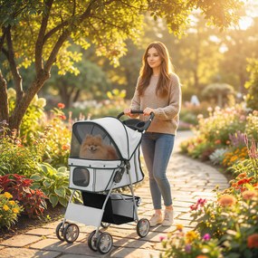 PawHut Wózek składany dla psów z odblaskowymi paskami, koszem na przechowywanie, poduszką dla małych psów do 10 kg, 77x44x102 cm, szary | Aosom PL