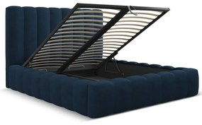 Ciemnoniebieskie tapicerowane łóżko dwuosobowe ze schowkiem i stelażem 200x200 cm Kelp – Micadoni Home