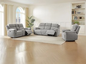Kanapy 3-osobowa , 2-osobowa i elektryczny fotel relaksacyjny z szarej tkaniny melanżowej KELUNO