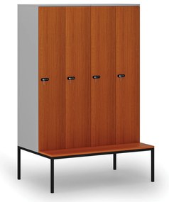Drewniana szafa ubraniowa z ławką, 4-drzwiowa, 1871 x 1200 x 500/800 mm, demontaż, zamek mechaniczny z kodem, szary/czereśnia