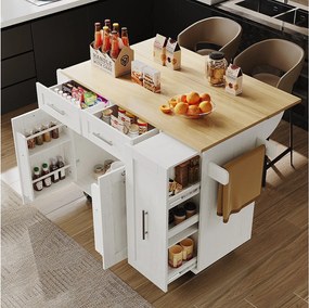 Mobilna wyspa kuchenna z 2 drzwiami, 3 szufladami i wieszakiem na ręczniki - Rozkładany blat - 134,5 x 46/74 x 90,5 cm - MDF - Biały