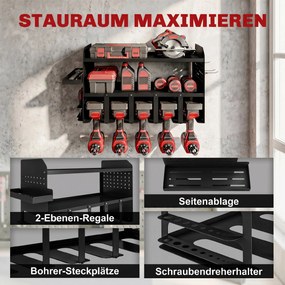 Outsunny Organizer narzędzi ogrodowych 2-poziomowy stojak na narzędzia z hakami boczna półka do 50 kg 61,8 x 23 x 32,7cm Czarny | Aosom PL