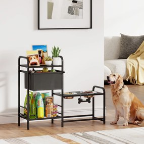 PawHut Podwyższona miska dla psa Regulowana wysokość Miska z miejscem do przechowywania Poidło 2 x 800 ml miski ze stali nierdzewnej 89,5x27x74 cm Czarny | Aosom PL