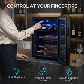 HOMCOM Chłodziarka do wina na 16 butelek, 48 L pojemności, temperatura 4–16°C, podblatowa lodówka na napoje i piwo, z szklanymi drzwiami i LED światłem | Aosom PL