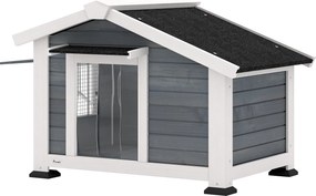 PawHut Buda dla psa drewniana, wodoodporna, z wyjmowaną podłogą, otwieranym oknem i dachem z asfaltu, 98 x 76 x 69,5 cm, szara | Aosom PL