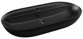 Umywalka ceramiczna nablatowa owalna czarna z otworem i z półką na mydło 80 x 40 cm DECOS Black z rantem Slim