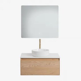 Zestaw Wiszących Mebli Łazienkowych Z Drewna Jesionowego Tedrik Popielaty Brąz & Okrągły Ceramiczny - Sklum