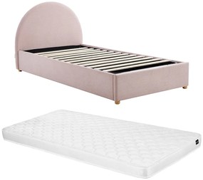 Łóżko ze skrzynią 90 x 190 cm - Sztruksowy welur - Róż + Materac - LIRIMO