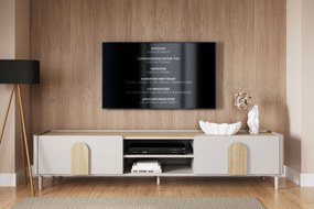 Szafka RTV Amilio 220 cm z szufladą na nóżkach - kaszmir / dąb olejowany / uchwyty dąb jasny