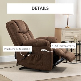 HOMCOM Fotel relaksacyjny Z pomocą na stojąco Oparcie regulowane do 145° Z podnóżkiem Z pilotem zdalnego sterowania Brązowy | Aosom PL