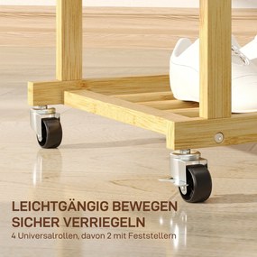 HOMCOM Wieszak na kółkach, wieszak z drążkiem, półka na buty, z bambusa, 80 x 40 x 160 cm, naturalny | Aosom PL