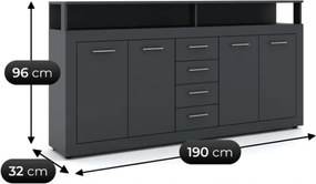 Komoda Czterodrzwiowa z Szufladami BLAGO 190 cm Antracyt Nowoczesna