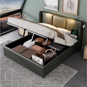 160x200 cm Łóżko z pojemnikiem - Łóżko dla dorosłych z lampką do czytania i funkcją ładowania USB - Szary PU - bez materaca