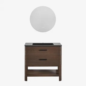 Zestaw Mebli Łazienkowych Z Drewna Z Wbudowaną Umywalką Misene Ciemna Czerń & Okrągła Led I Przeciwmgielne Ø70 Cm Riben & Bez Kranu - Sklum