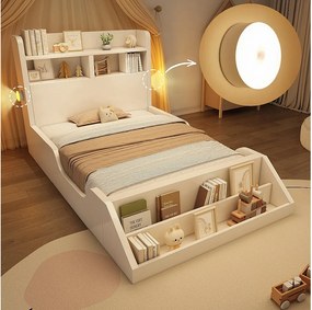 Łóżko dziecięce pojedyncze - 90 x 200 cm - z zagłówkiem ze schowkiem + wyjmowaną półką + stelażem - drewno - białe