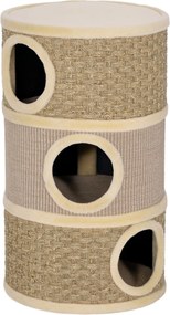 PawHut Tuba do drapania, 79 cm wys., Ø45 cm, trzy poziomy, sizalowy sznur, norka dla kota, dla dużych kotów, Khaki+Brąz