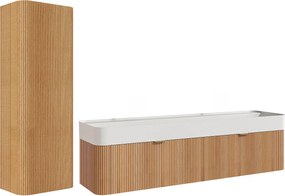 Wisząca szafka łazienkowa z ryflowanego drewna jesionowego z podwójną umywalką wpuszczaną i słupkiem - Jasny naturalny - 150 cm - BULMAS