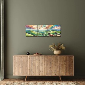 Obraz – Konie galopujące przez krajobraz (z zegarem) (90x30 cm)