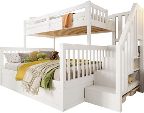 Łóżko piętrowe 90x200cm + 140x200cm - z drabiną - z miejscem do przechowywania - biały​ (materac nie jest wliczony w cenę)