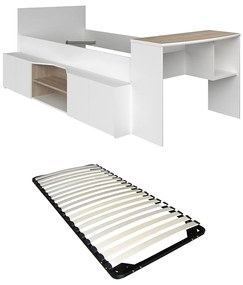 Łóżko piętrowe 90 x 190/200 cm z biurkiem i schowkami - Biały i naturalny + Stelaż - JOCHIANE