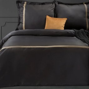 Pościel 200x220 satyna bawełniana PREMIUM czarno-złota haftowane pasy