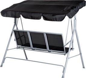 Outsunny Huśtawka Ogrodowa z Daszkiem 3 Osobowa Metalowa Czarno Srebrna Ławka Bujana z Ochroną Przed Słońcem 171x108x154cm | Aosom PL