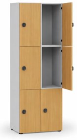 Drewniana szafka skrytkowa S4, 6 schowków, demontaż, zamek kodowy, szary/brzoza