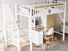 Łóżko mezzanine metalowe 90x200cm - z regulowanym drabinką - Białe (materac nie jest w zestawie)