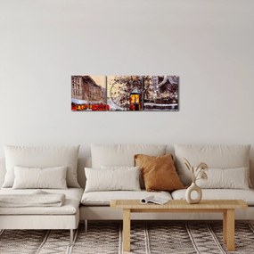 Obraz - Obraz miasta zimą (z zegarem) (90x30 cm)