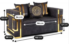 Sofa PALLAZO 2S Dwuosobowa Czarno/Złota Welurowa Nowoczesna Glamour