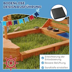 Outsunny Piaskownica z osłoną przeciwsłoneczną Piracki Statek, w zestawie zestaw kuchenny dla dzieci, Drewno Jodłowe, 180 x 103 x 144,5 cm, Pomarańczowy