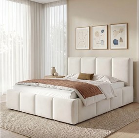 Łóżko tapicerowane dwuosobowe - 180 x 200 cm - z podstawą z listew + zagłówek - szenil - beż