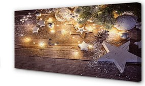 Obraz drukowany na płótnie Świąteczna Kompozycja: Bombki, Szyszki i Lampki