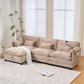 Nowoczesna sofa 3-osobowa - 279 x 83 x 85 cm - z portem USB, kieszenią boczną i podnóżkiem ze schowkiem - aksamit - khaki