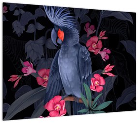 Obraz na szkle - Papuga wśród kwiatów (70x50 cm)