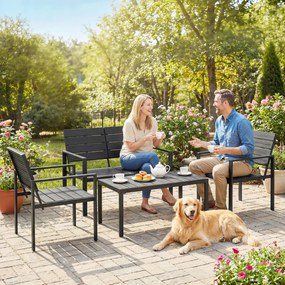 Outsunny Zestaw Mebli Ogrodowych dla 4 Osób Sofa Dwuosobowa 2 Fotele Stolik Kawowy Design z Listwami Czarny | Aosom PL