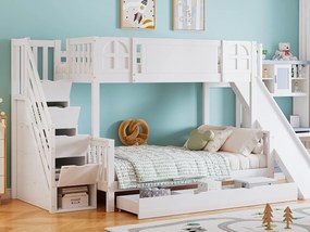 Łóżko piętrowe dla dzieci 90x200 cm - z oknem - ze zjeżdżalnią dla dzieci - szuflady na kółkach - schody z poręczami - drewno lite + MDF - białe (bez materaca)