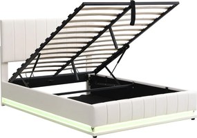 Łóżko z ekoskóry z LED + stelaż na listwy + regulowane wezgłowie - 140x200cm - Białe