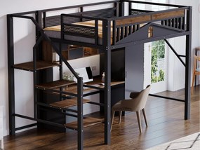 Łóżko piętrowe metalowe 140×200 cm - z drabiną - z barierkami bezpieczeństwa - czarne (materac nie jest dołączony)