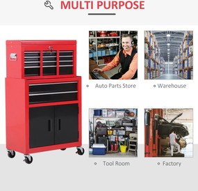 HOMCOM Szafka na narzędzia z skrzynką, na kółkach, 6 szuflad, Metal, Czerwona