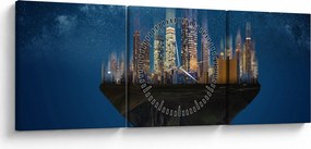 Obraz - Wielkie miasto unoszące się w kosmosie (z zegarem) (90x30 cm)