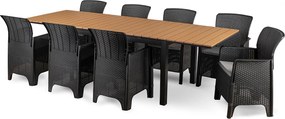 Zestaw Mebli Ogrodowych Stół ARGOS 160-260 cm Dąb/Czarny i 8x Fotel FRESNO Czarny Technorattan Nowoczesny