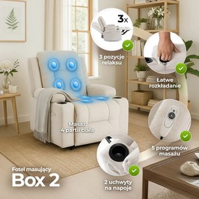 Fotel Masujący BOX 2 Rozkładany z Podnóżkiem Kremowy Nowoczesny